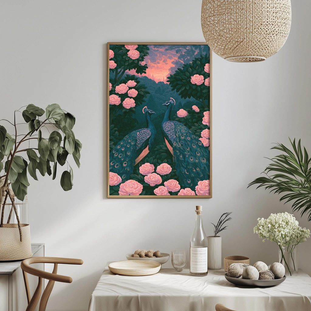 a dining table with a white tablecloth, a vase of white flowers, a bottle, and a bowl of fruit. Above the table, there is a framed painting of two peacocks surrounded by pink flowers and green foliage.