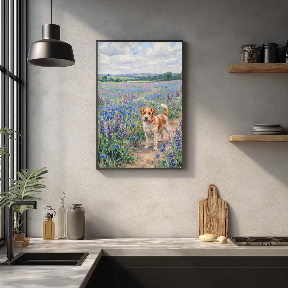 a framed painting of a dog standing in a field of flowers, hanging on a wall above a kitchen counter.