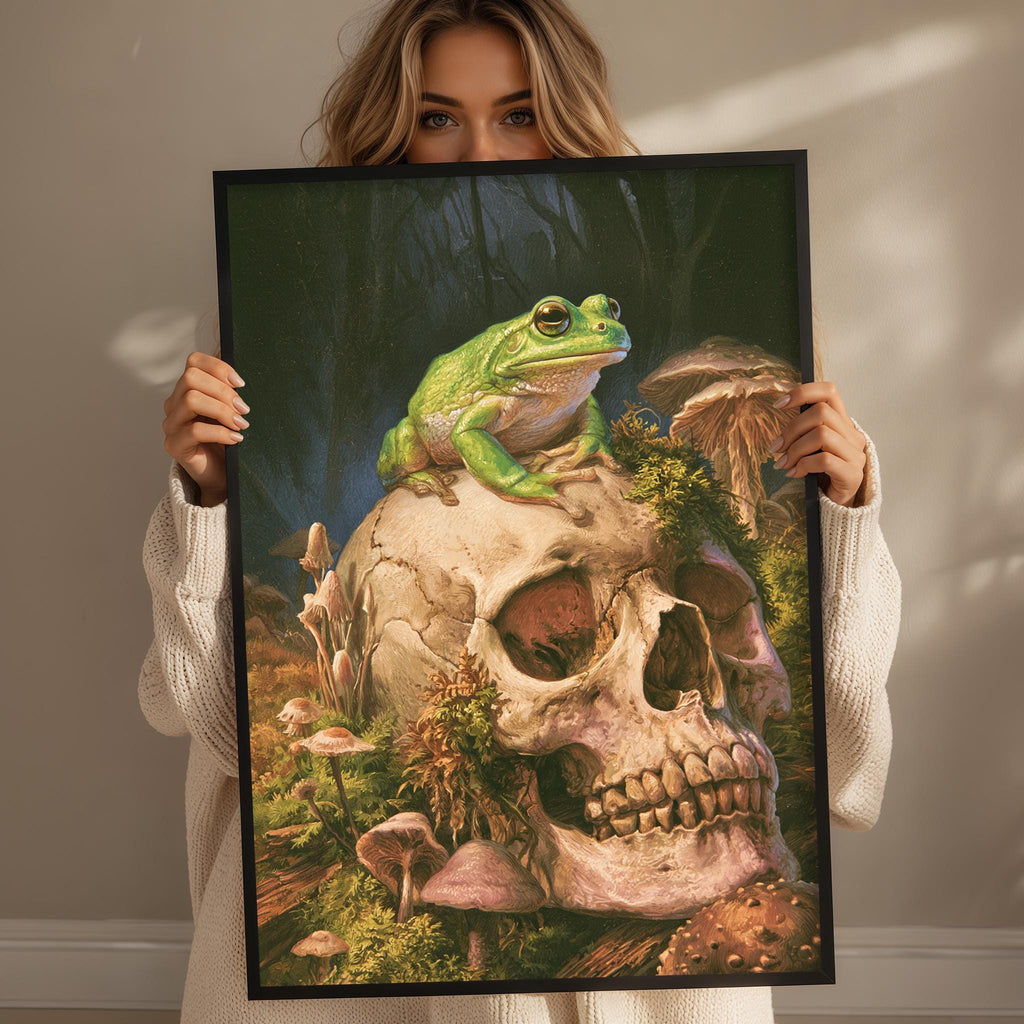 A woman holds up a framed painting depicting a green frog perched on a skull surrounded by mushrooms and foliage.