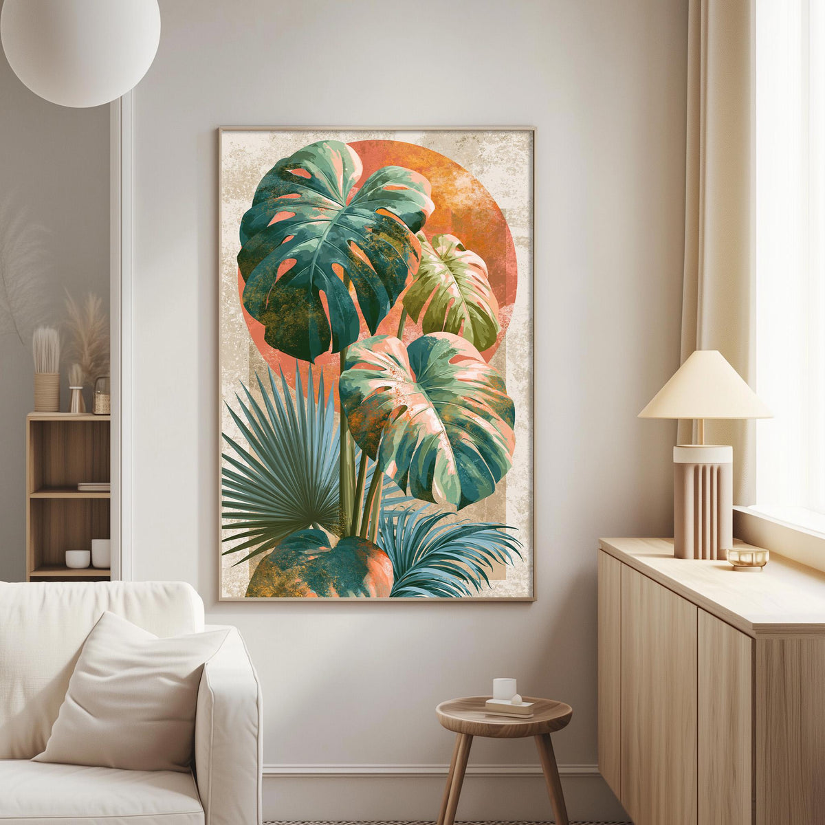 a living room with a large framed print of tropical plants hanging on the wall. The print includes palm leaves and other vibrant foliage, creating a lush and colorful display. The room also includes a white sofa, a wooden side table, and a lamp, contributing to a cozy and inviting atmosphere.