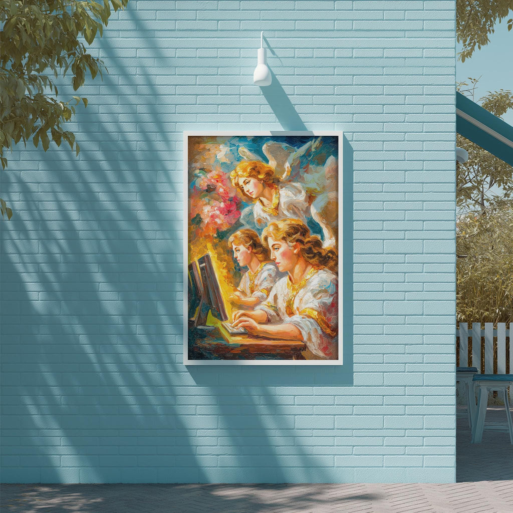 a painting of three angels on a blue wall, with one angel using a computer.