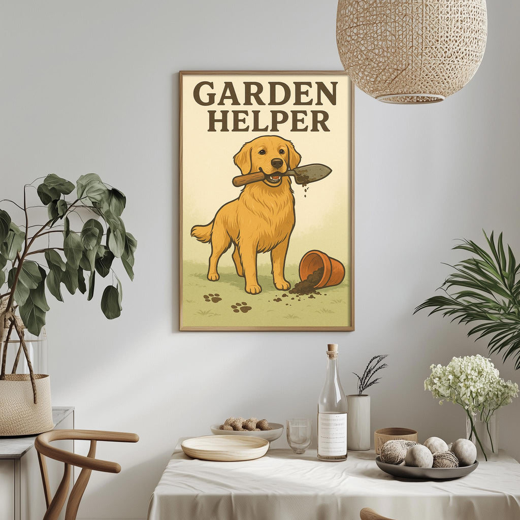 a poster of a dog holding a shovel, with the text "GARDEN HELPER" written above it. The poster is displayed on a wall above a table with various items on it, including a bottle, a bowl, and a vase.