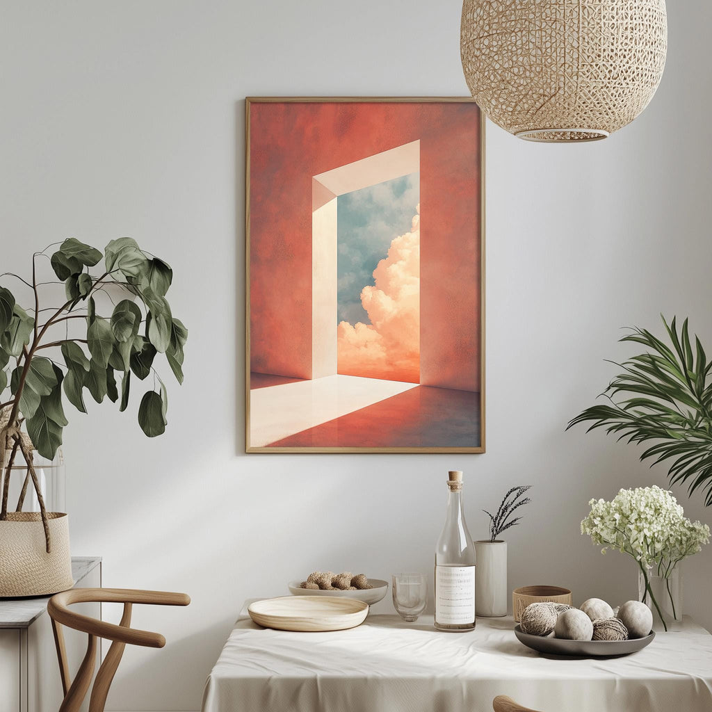 a dining table with a white tablecloth, a bowl of fruit, a bottle, and a vase with flowers. Above the table, there is a framed painting depicting an open doorway leading to a cloudy sky.