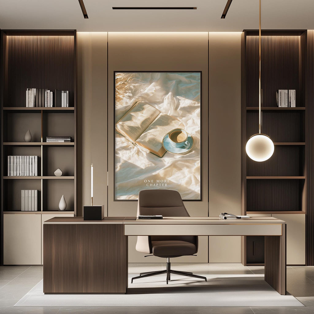 a modern and minimalist office space with a desk, chair, and bookshelves. The desk has a large open book and a cup of coffee on it, suggesting a workspace for reading and enjoying a beverage. The bookshelves are filled with various books, indicating a well-read and intellectual environment. The overall design and layout of the space create a calm and focused atmosphere, ideal for productivity and concentration.