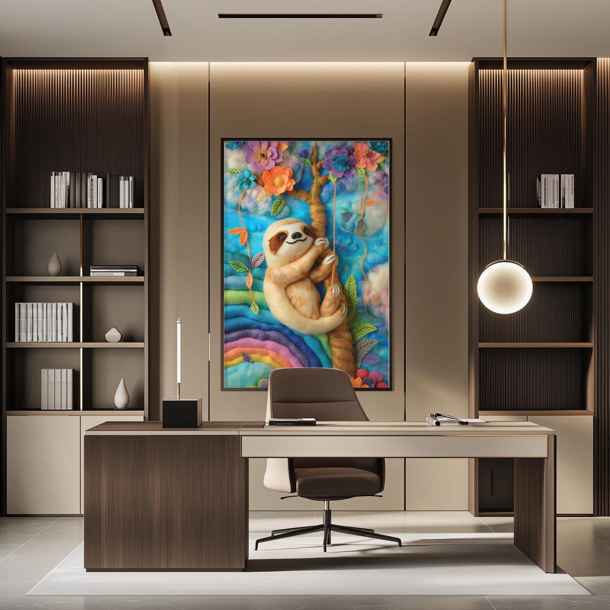 a modern office space with a large, colorful painting of a sloth hanging on the wall above a desk with a chair.