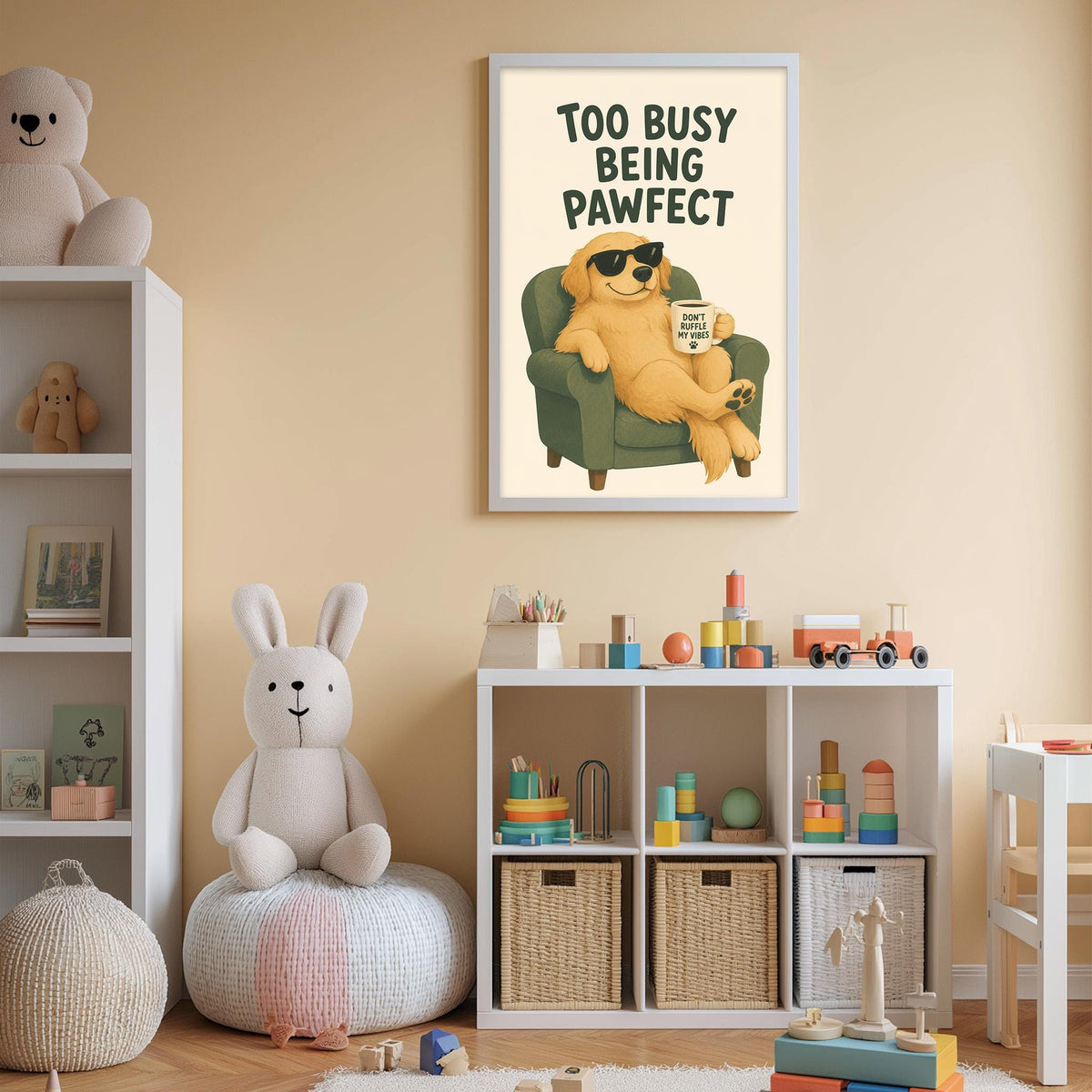 The image is a child's bedroom with a white bookshelf, a stuffed rabbit, a stuffed dog, and a framed poster with a cartoon dog sitting in a chair.