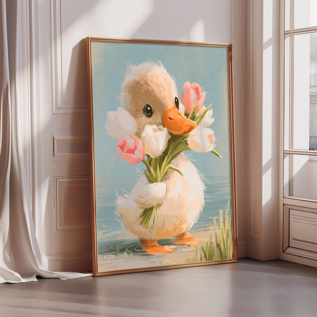 A framed painting depicting a cute duck holding a bouquet of pink and white flowers, standing in a pond.