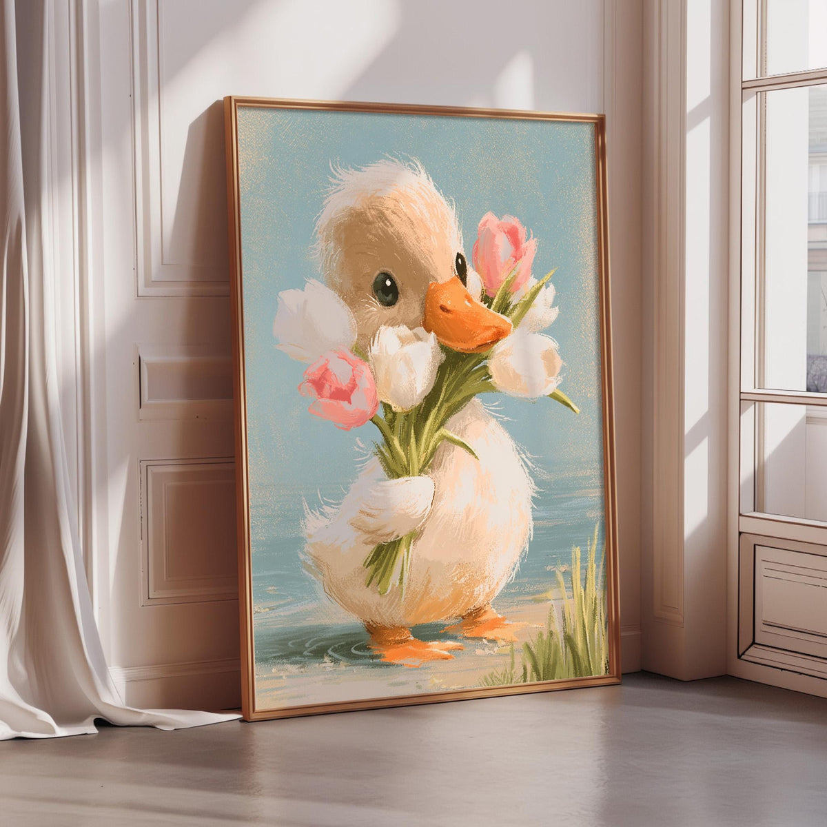 A framed painting depicting a cute duck holding a bouquet of pink and white flowers, standing in a pond.