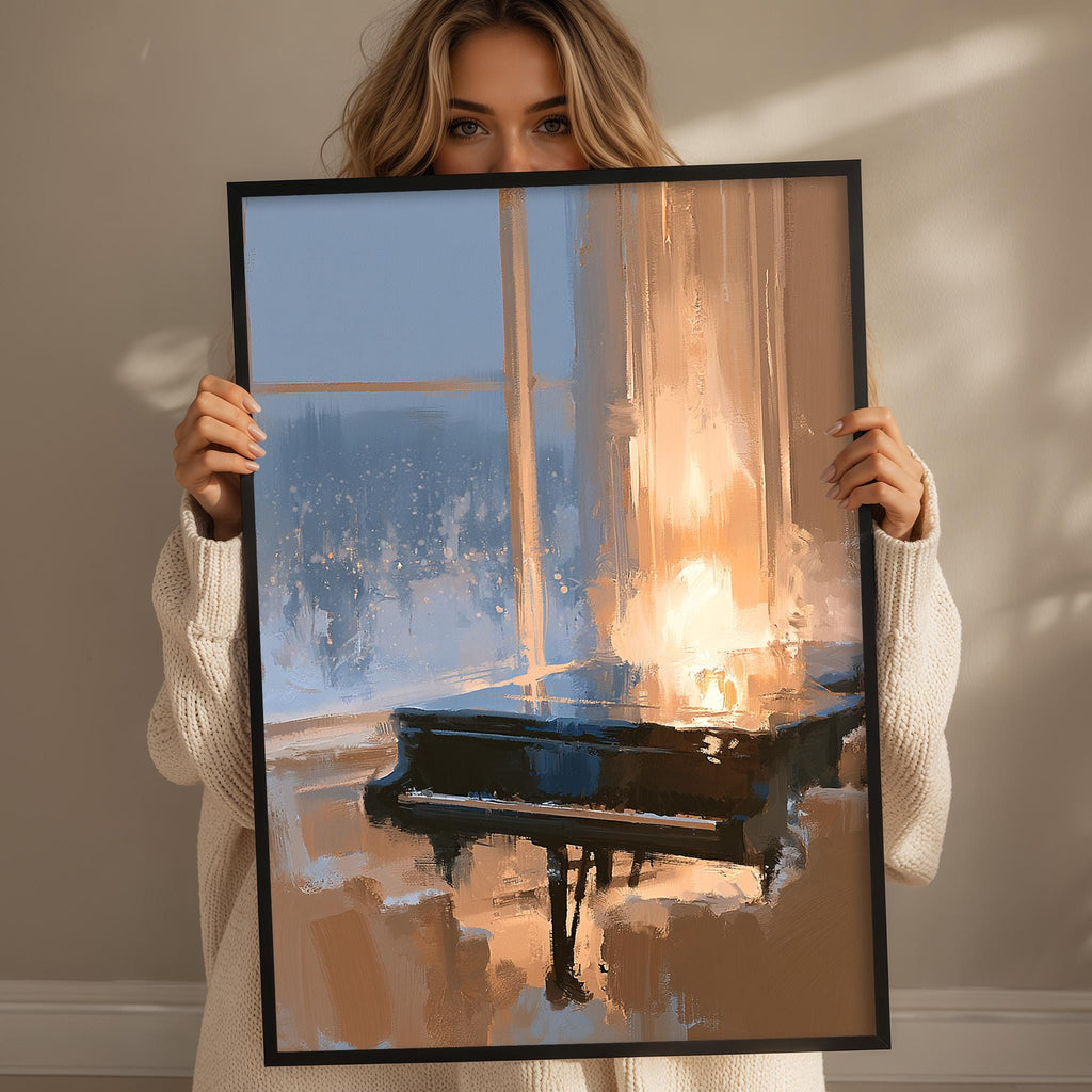 A woman holds up a framed painting of a grand piano, with a warm, golden glow illuminating the instrument.