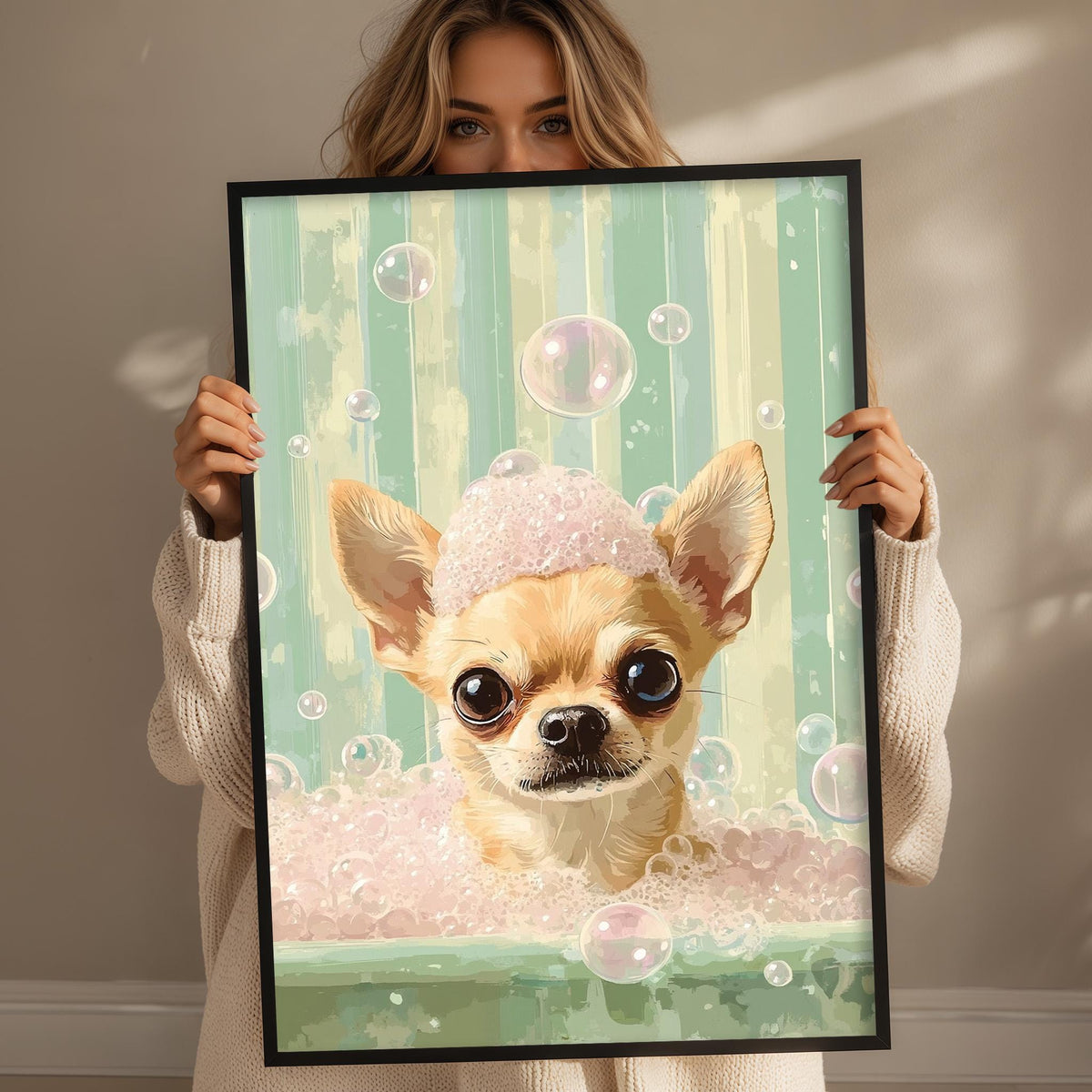 A woman holds up a framed painting of a small dog in a bathtub filled with bubbles.