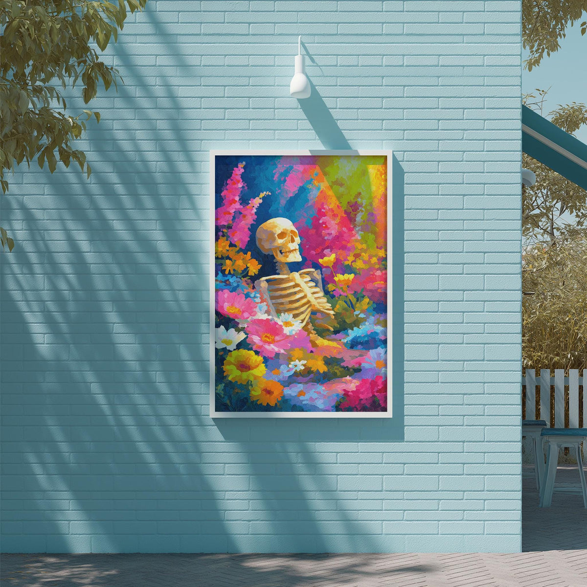 a vibrant, colorful painting of a skeleton surrounded by a variety of flowers and plants, hanging on a blue wall.