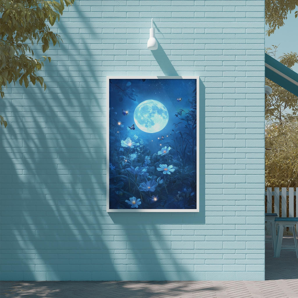 a large, framed painting of a night scene with a full moon, flowers, and butterflies.