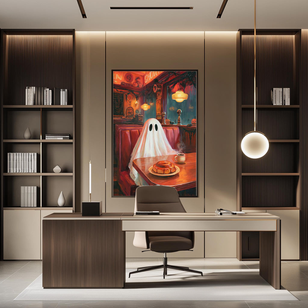 a modern office space with a large painting of a ghost on the wall, a desk with a chair, and a bookshelf filled with books.