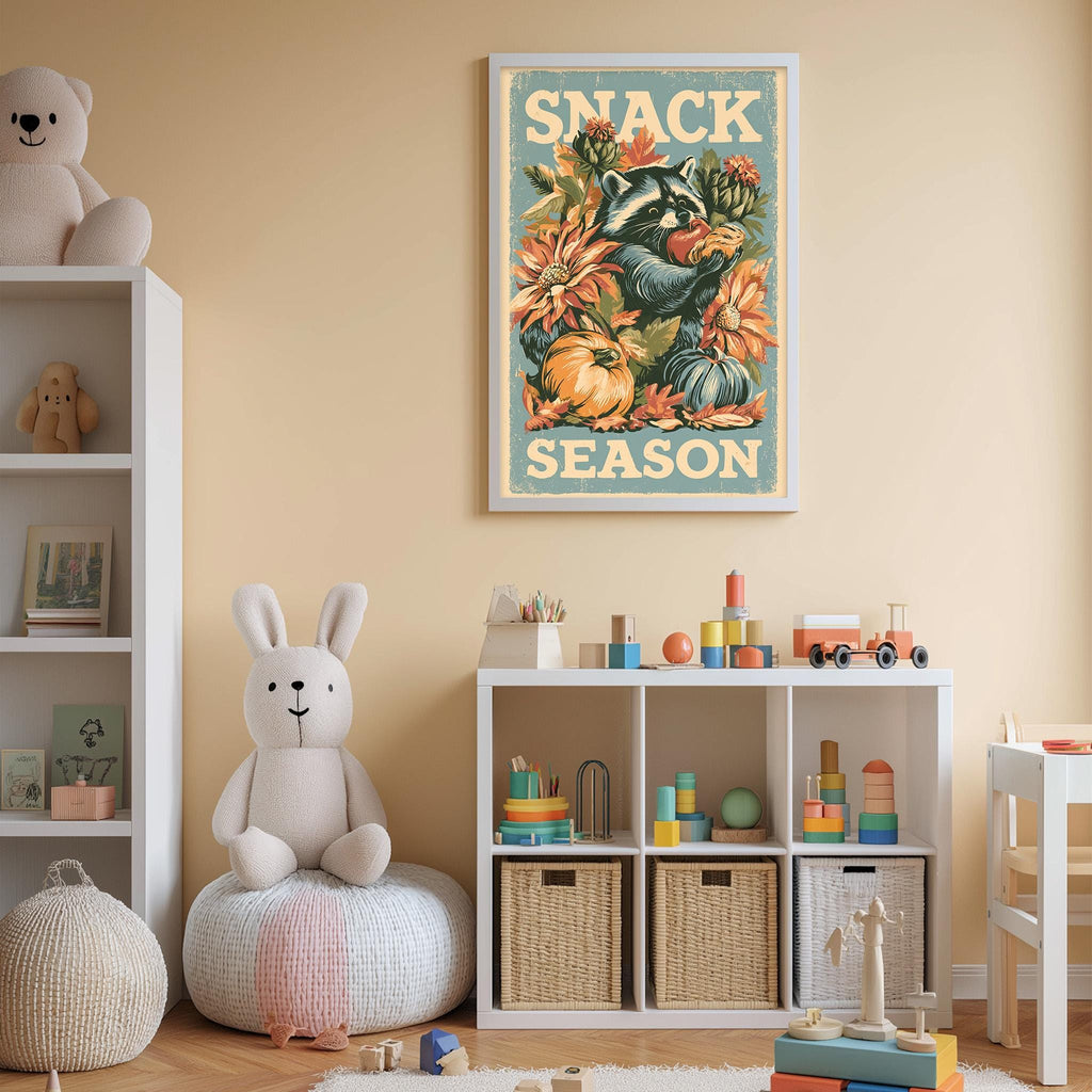 A child's bedroom with a white bookshelf, a stuffed rabbit, and a colorful poster on the wall that says "SNACK SEASON".