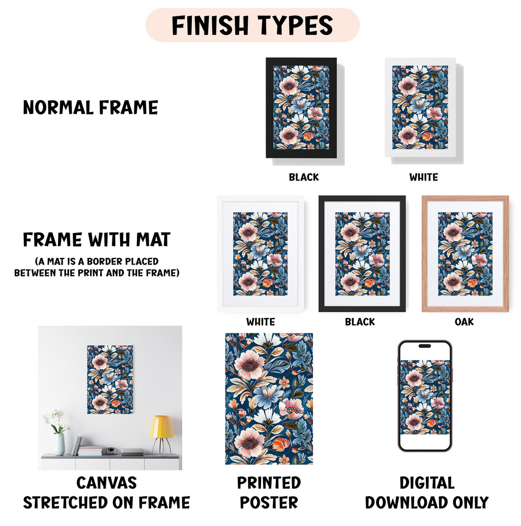 various finish types for framed artwork, including a normal frame, a frame with a mat, a white frame, a black frame, an oak frame, a white canvas stretched on a frame, a printed poster, and a digital download only.
