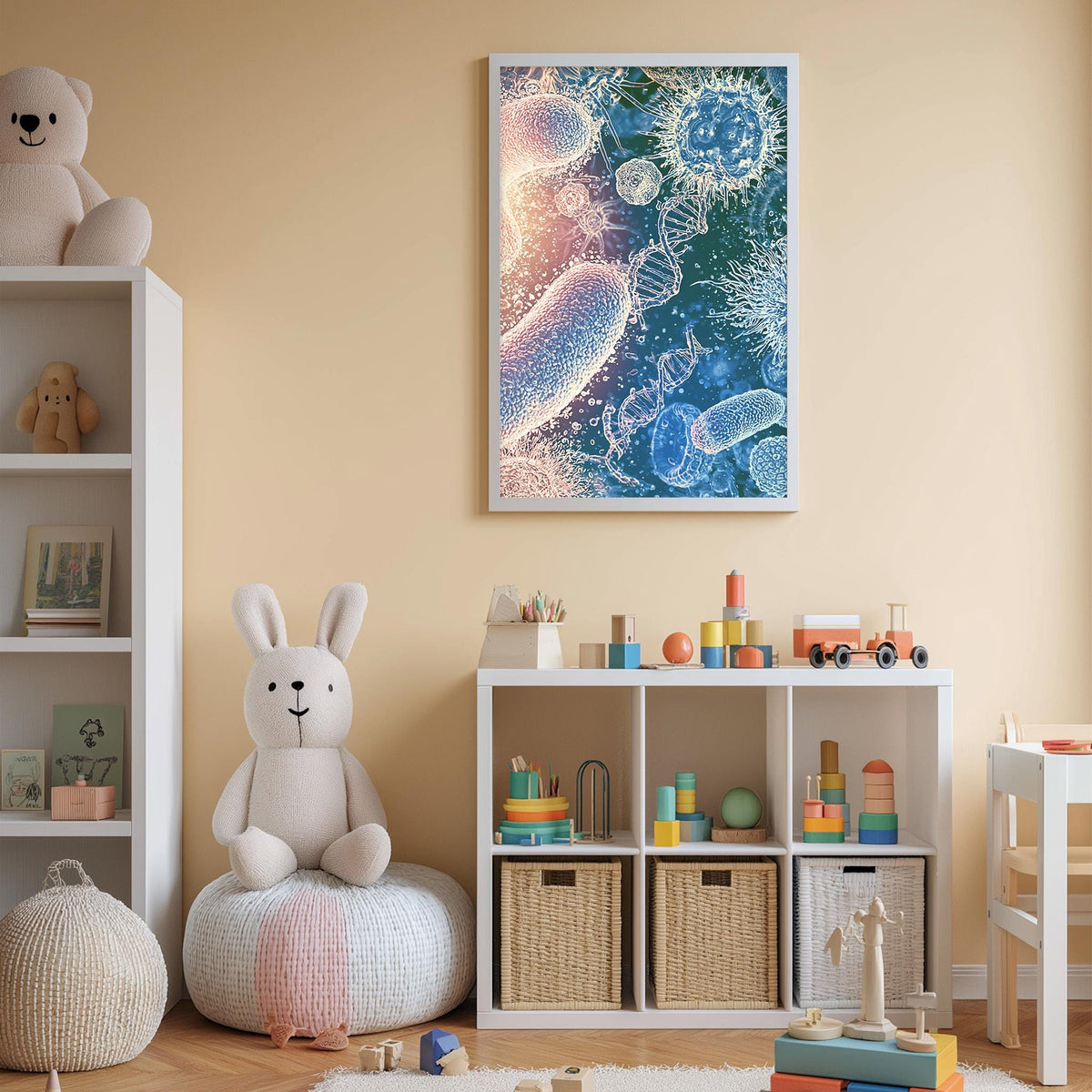 A child's bedroom with a white bookshelf, a stuffed rabbit, and a colorful abstract painting on the wall.