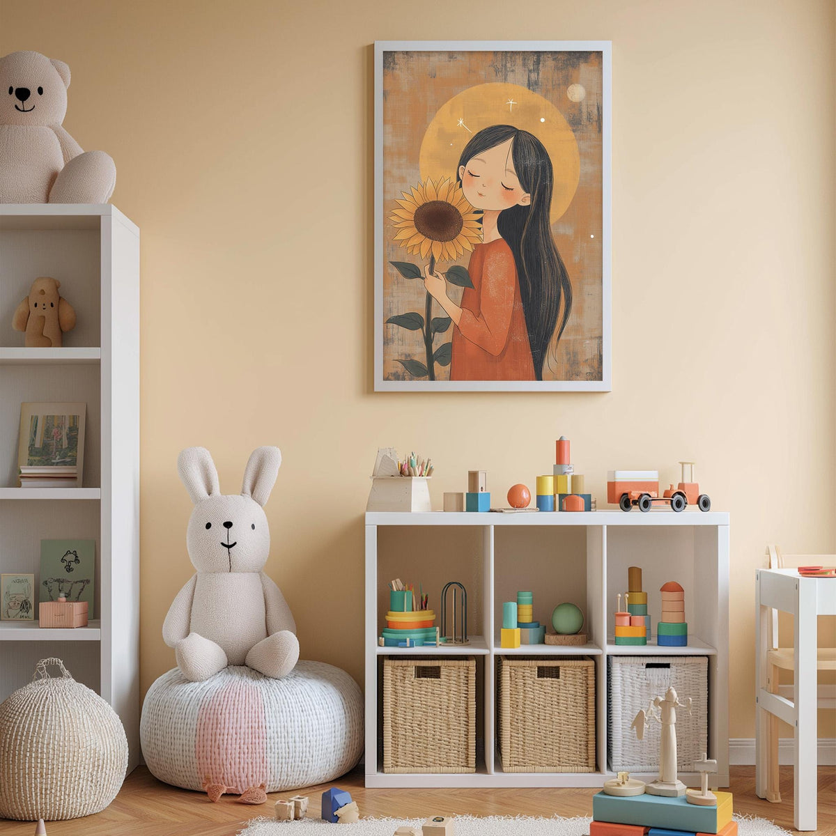 A cozy children's room with a white bookshelf, a stuffed rabbit, a toy train, and a framed illustration of a girl with a sunflower.