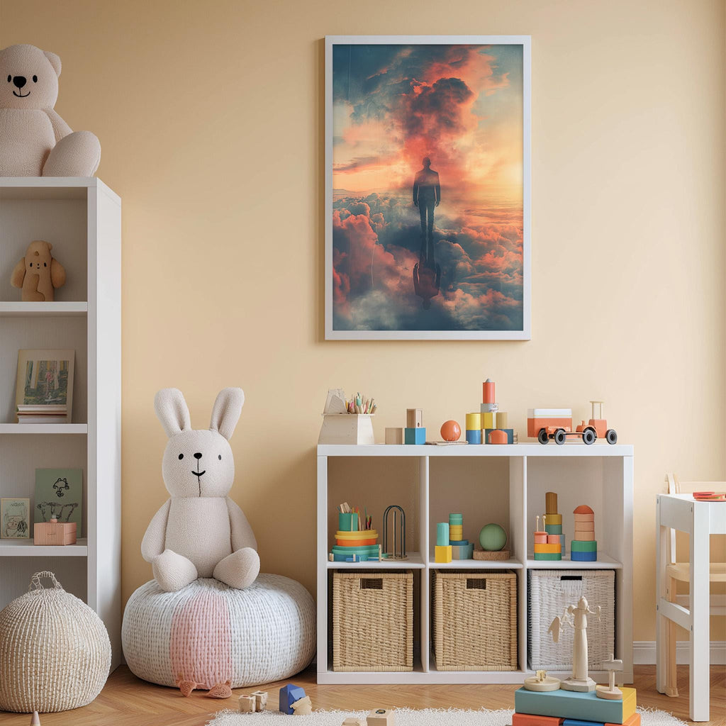 a cozy and colorful children's bedroom with a large stuffed bunny, a bookshelf filled with toys, and a framed artwork of a person on a cloud.