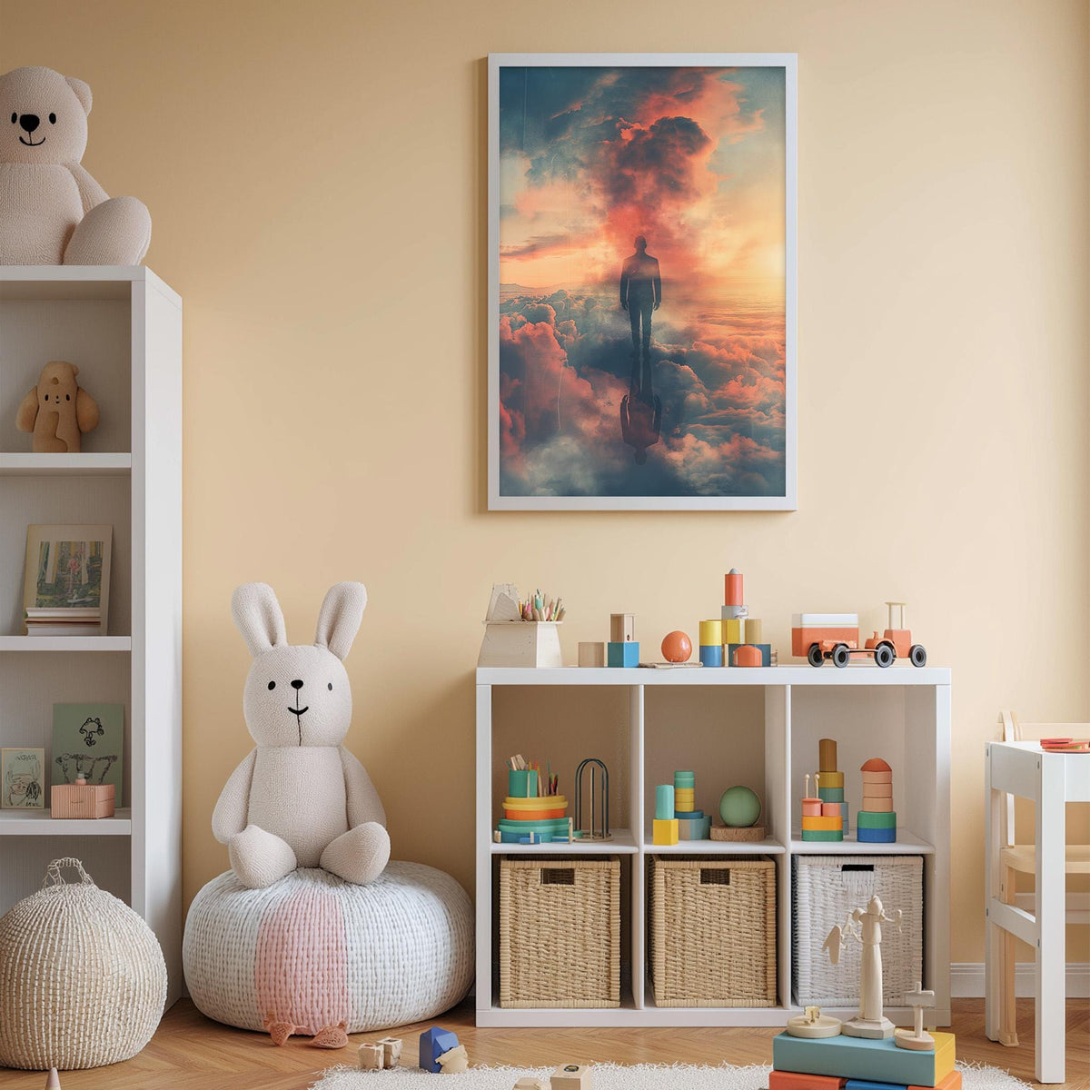 a cozy and colorful children's bedroom with a large stuffed bunny, a bookshelf filled with toys, and a framed artwork of a person on a cloud.