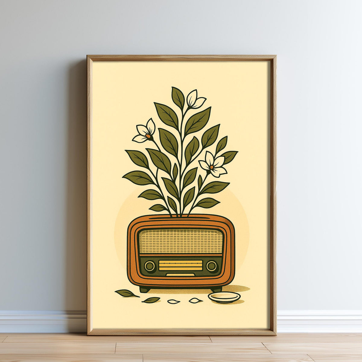 A framed illustration depicting a radio with a plant growing out of it, set against a yellow background.