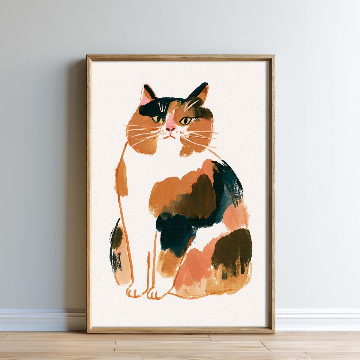 A framed illustration of a calico cat sitting on a white background.