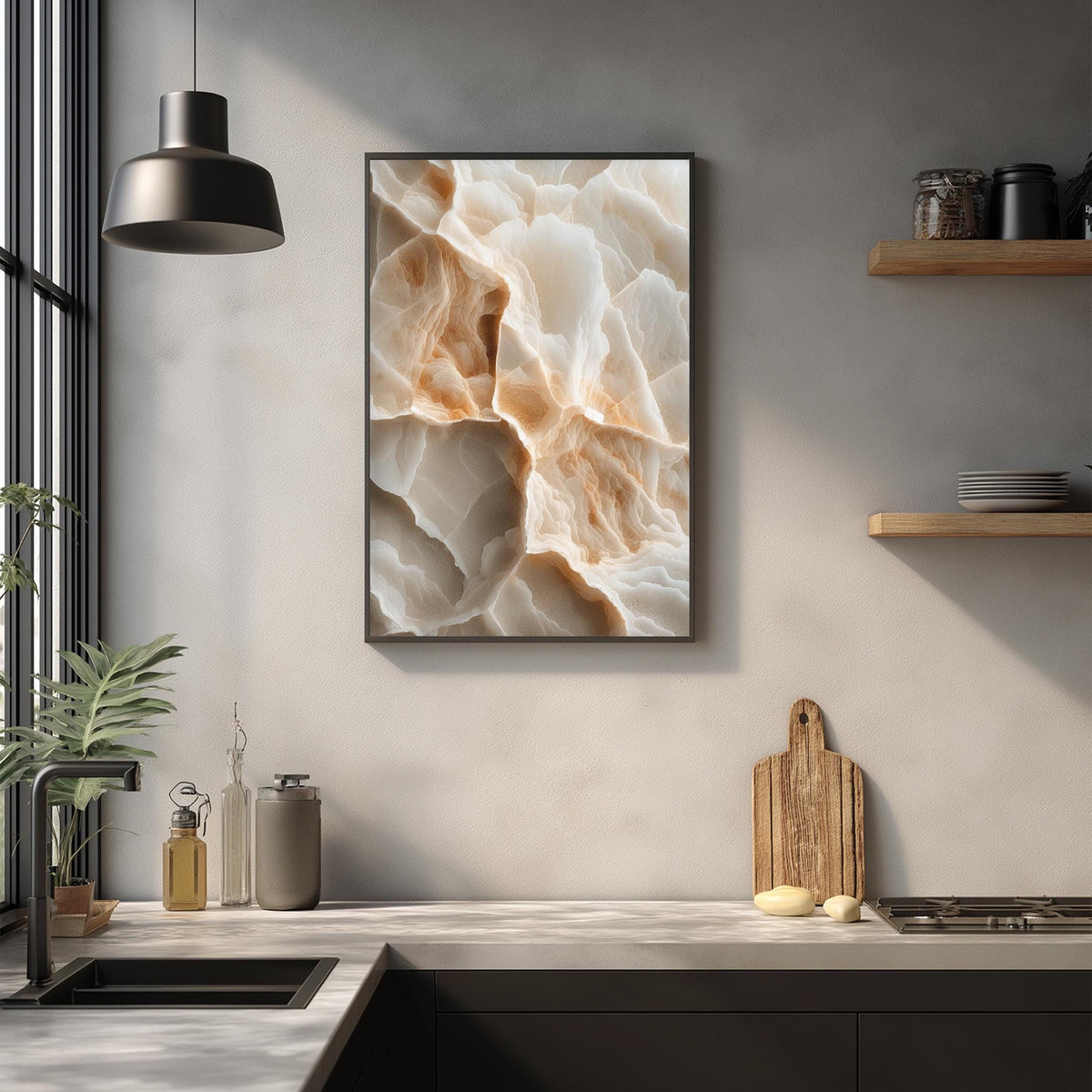 a modern kitchen with a large framed abstract painting hanging on the wall above a wooden cutting board and other kitchen items.