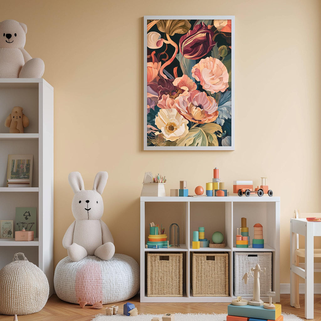 A cozy and colorful children's bedroom with a large floral print on the wall, a white bookshelf filled with toys, and a plush rabbit sitting on a bean bag chair.