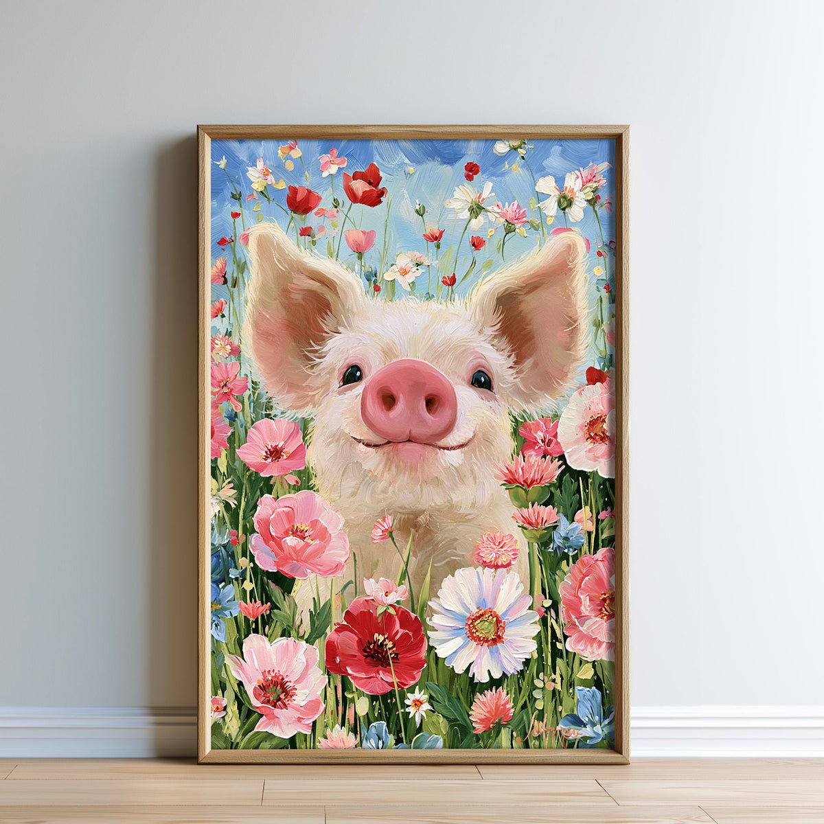 A framed painting depicting a pig surrounded by a vibrant field of flowers.