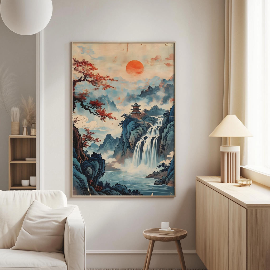 a large, colorful painting of a serene landscape with a waterfall, mountains, and a temple in the background, hanging on a wall in a living room setting.