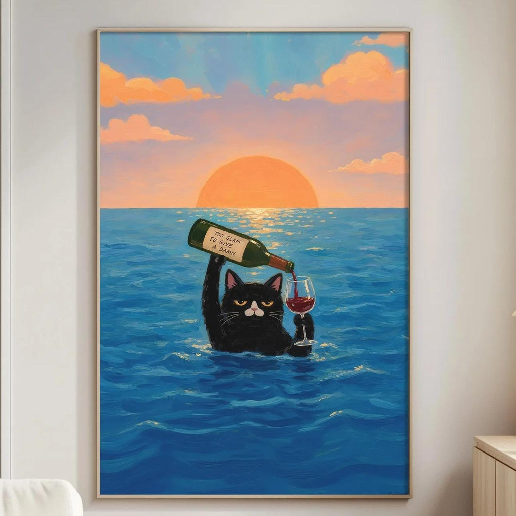a black cat floating in a blue ocean, holding a wine bottle and a glass, with a sunset in the background.