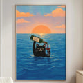 a black cat floating in a blue ocean, holding a wine bottle and a glass, with a sunset in the background.