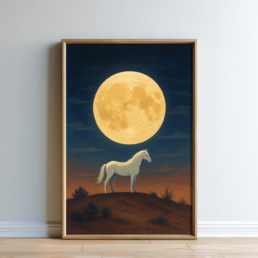 a white horse standing on a hill under a large, bright yellow moon in the night sky.