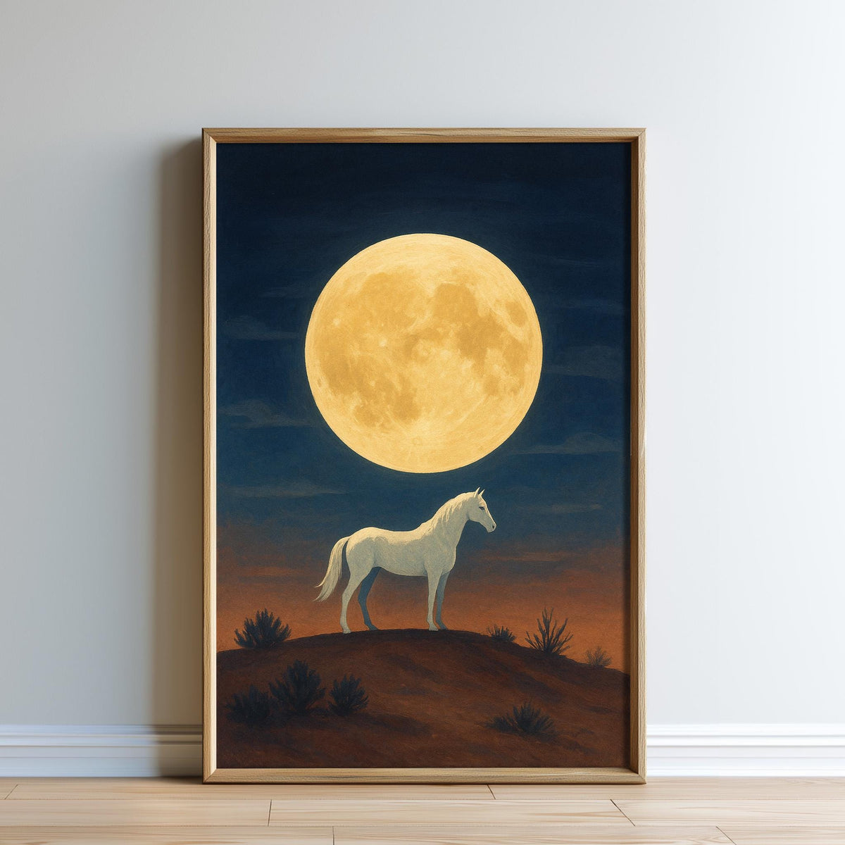 a white horse standing on a hill under a large, bright yellow moon in the night sky.