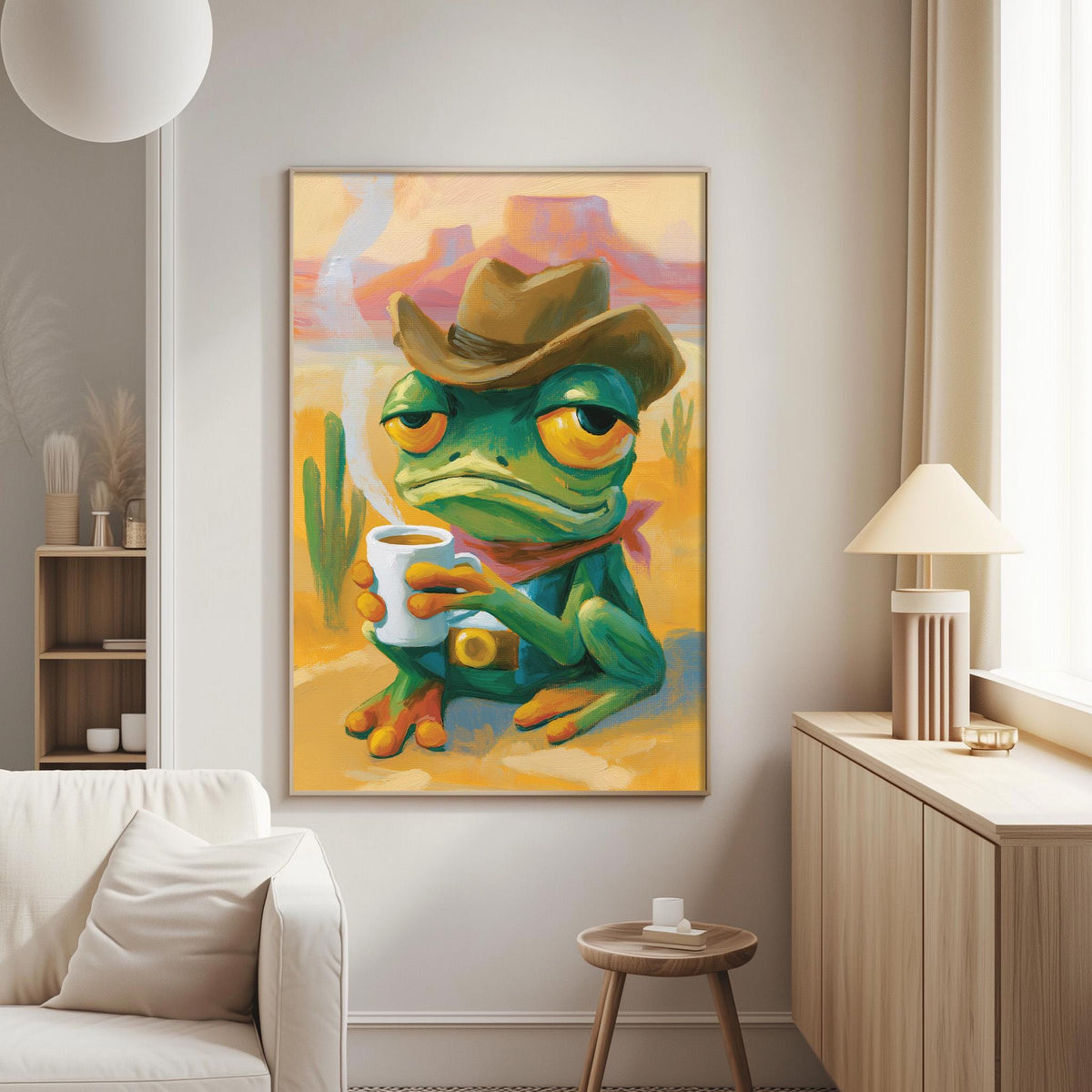 a large painting of a frog wearing a cowboy hat and holding a cup, hanging on a wall in a living room.