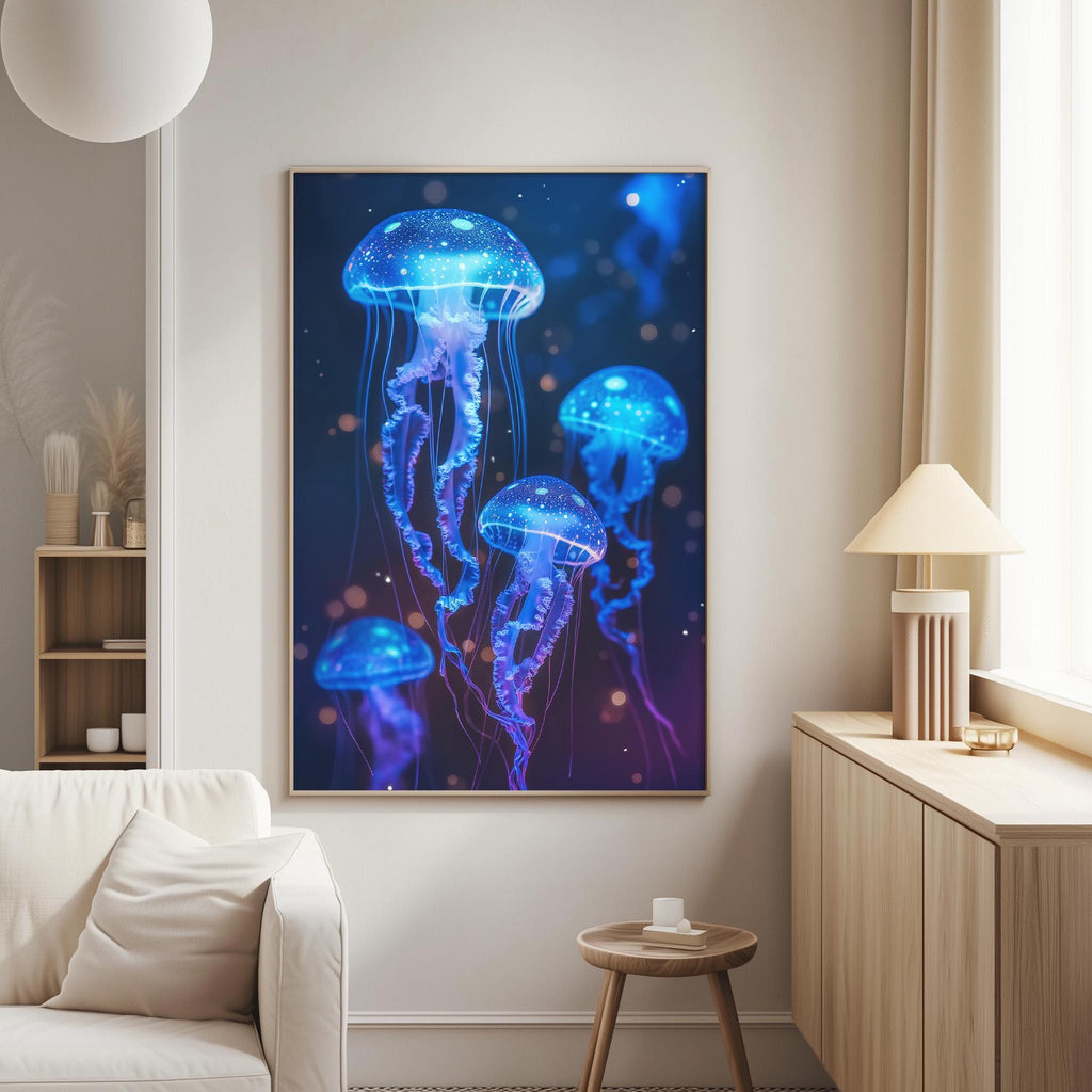 a large framed artwork depicting a group of jellyfish with glowing blue and purple tentacles, hanging on a wall in a living room setting.