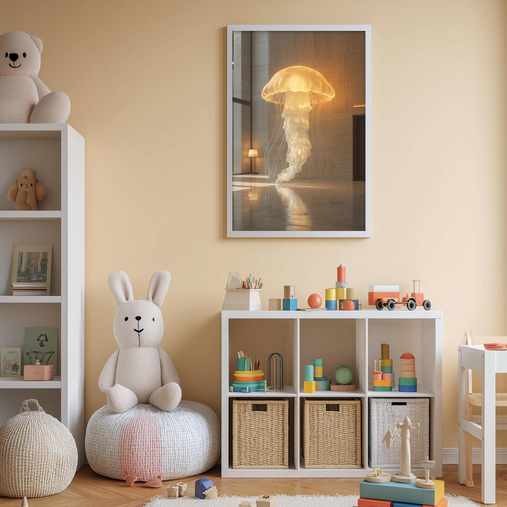 A cozy children's room with a white rabbit sitting on a bean bag chair, surrounded by shelves filled with toys and books, and a framed image of a jellyfish on the wall.