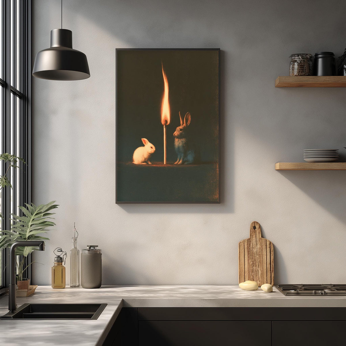 a kitchen scene with a framed painting of two rabbits on a shelf, one of which is lit by a candle. The painting is hanging on a white wall above a kitchen counter with various kitchen items such as a cutting board, a bottle, and a bowl.