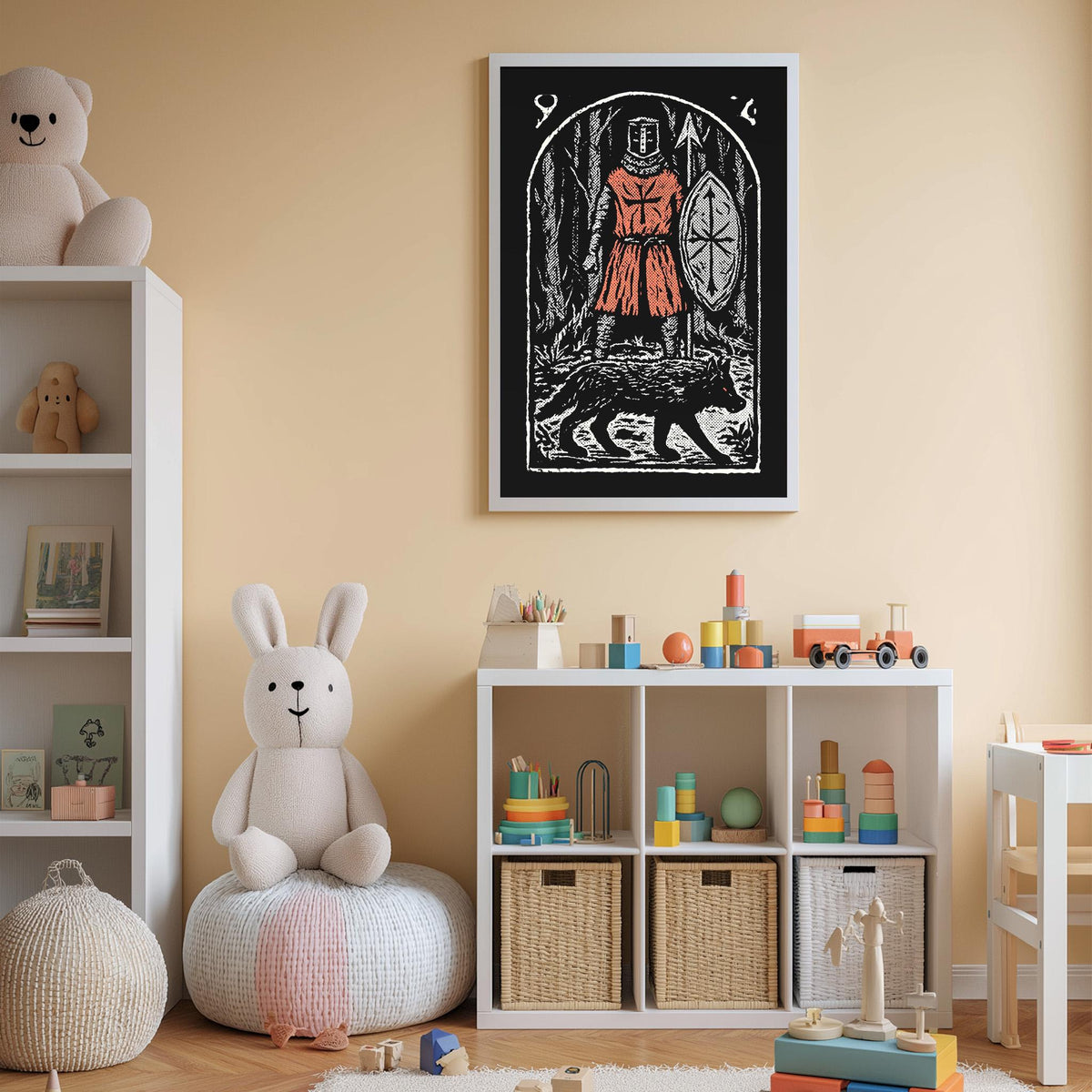 A child's bedroom with a white bookshelf, a stuffed rabbit, a toy train, and a framed illustration of a knight on a horse.