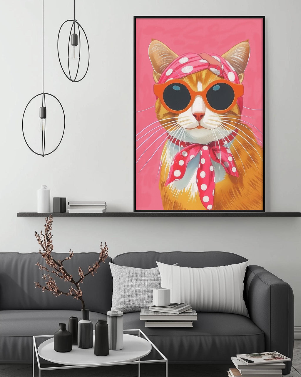a large, colorful painting of a cat wearing sunglasses and a pink scarf, hanging on a wall above a gray couch in a living room setting.