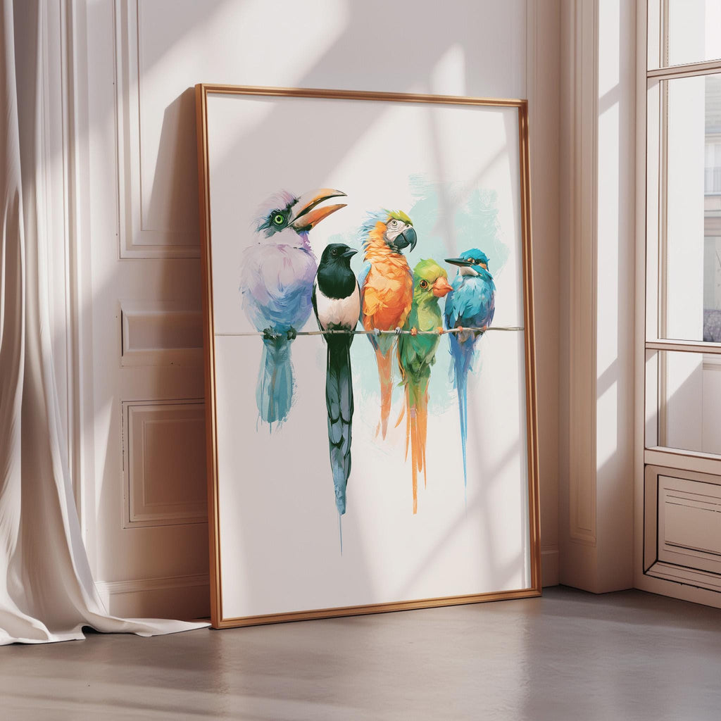 A framed painting depicting a group of colorful birds perched on a branch.