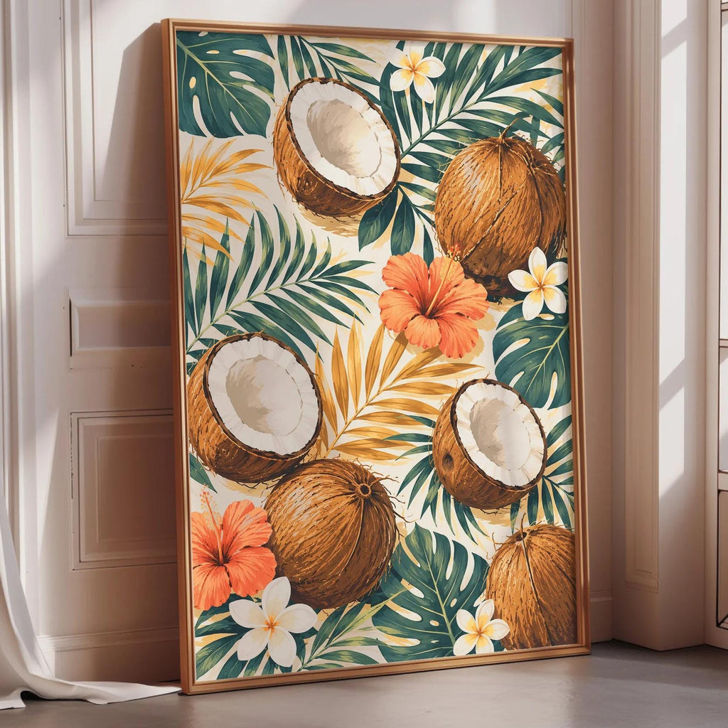 A framed print featuring a tropical floral design with coconut slices and flowers is displayed on a wall in a room.