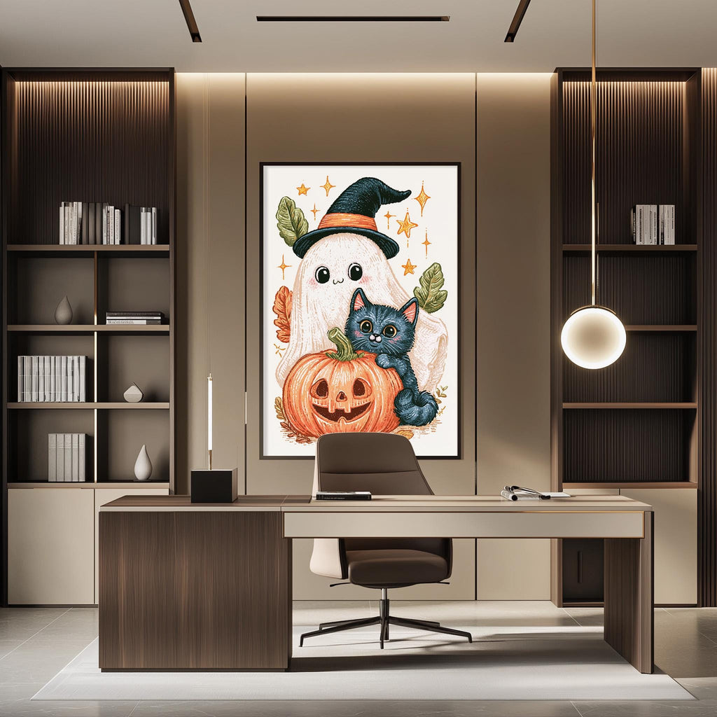 a modern office space with a large framed illustration of a ghost, a cat, and a pumpkin on the wall. The office has a wooden desk, a chair, and a bookshelf filled with books.