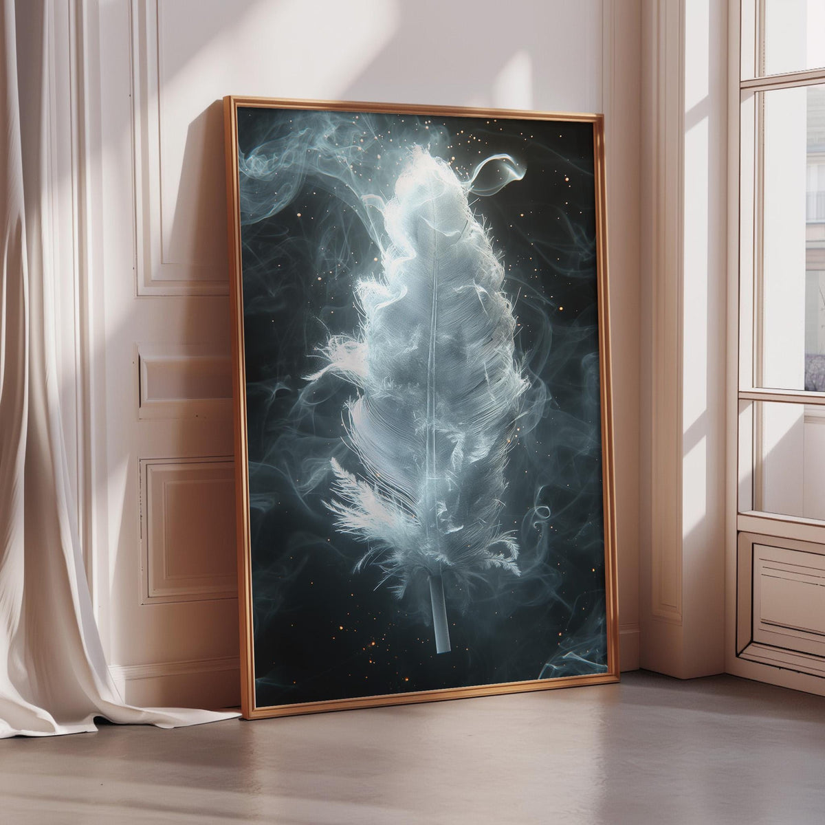 a large framed artwork depicting a feather floating in a dark, ethereal space with swirling smoke and light effects.