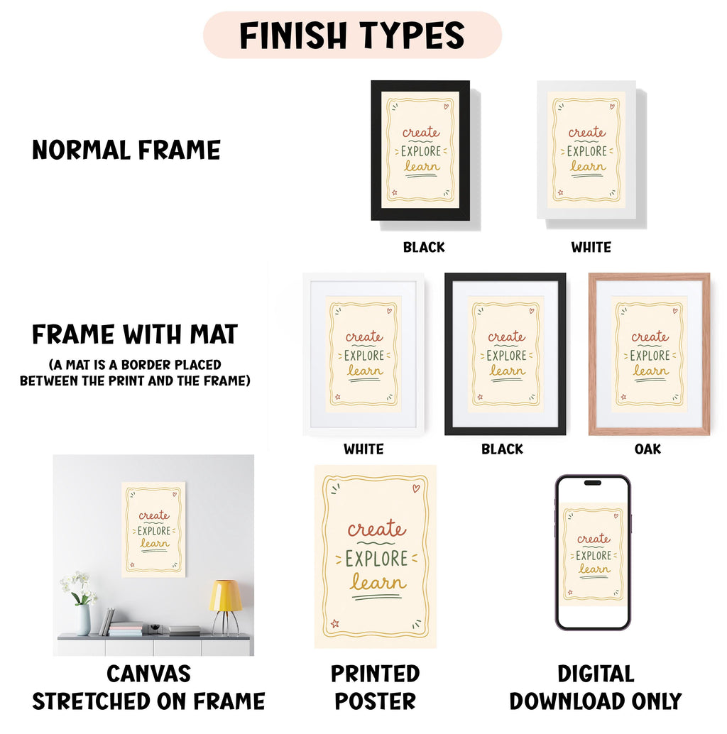 various framed artworks and a canvas stretched on a frame, along with a poster and a digital download.