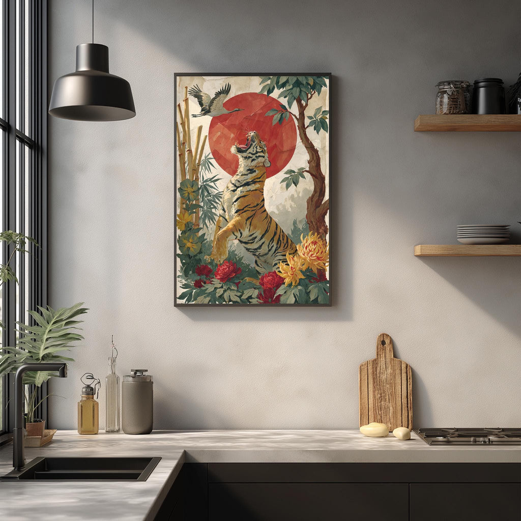 a kitchen counter with a framed painting of a tiger surrounded by flowers and a red sun above it. The painting is hanging on the wall above the counter.