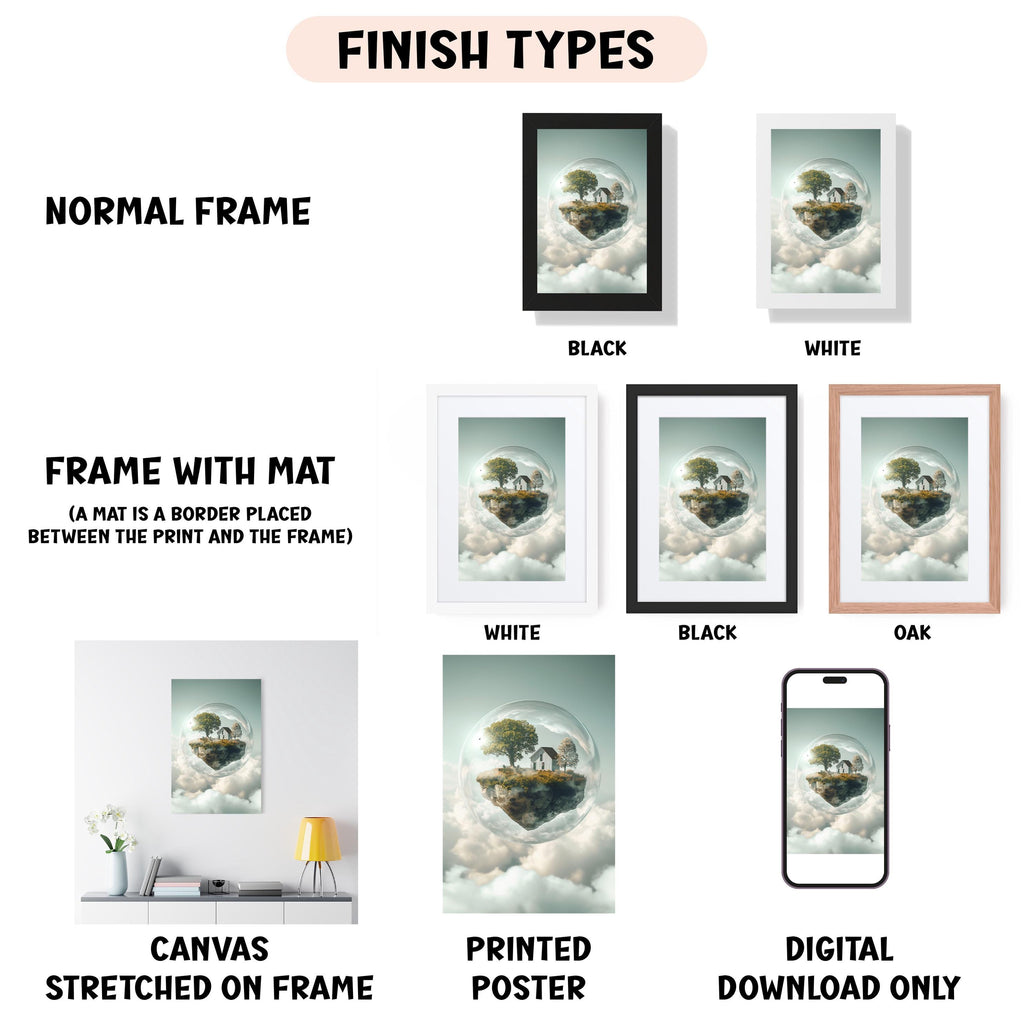various framed artworks, including a normal frame, a black frame, a white frame, a black frame, and an oak frame, all featuring a landscape with a floating island. The artworks are displayed in different frame styles, such as canvas stretched on a frame, printed poster, and digital download only.