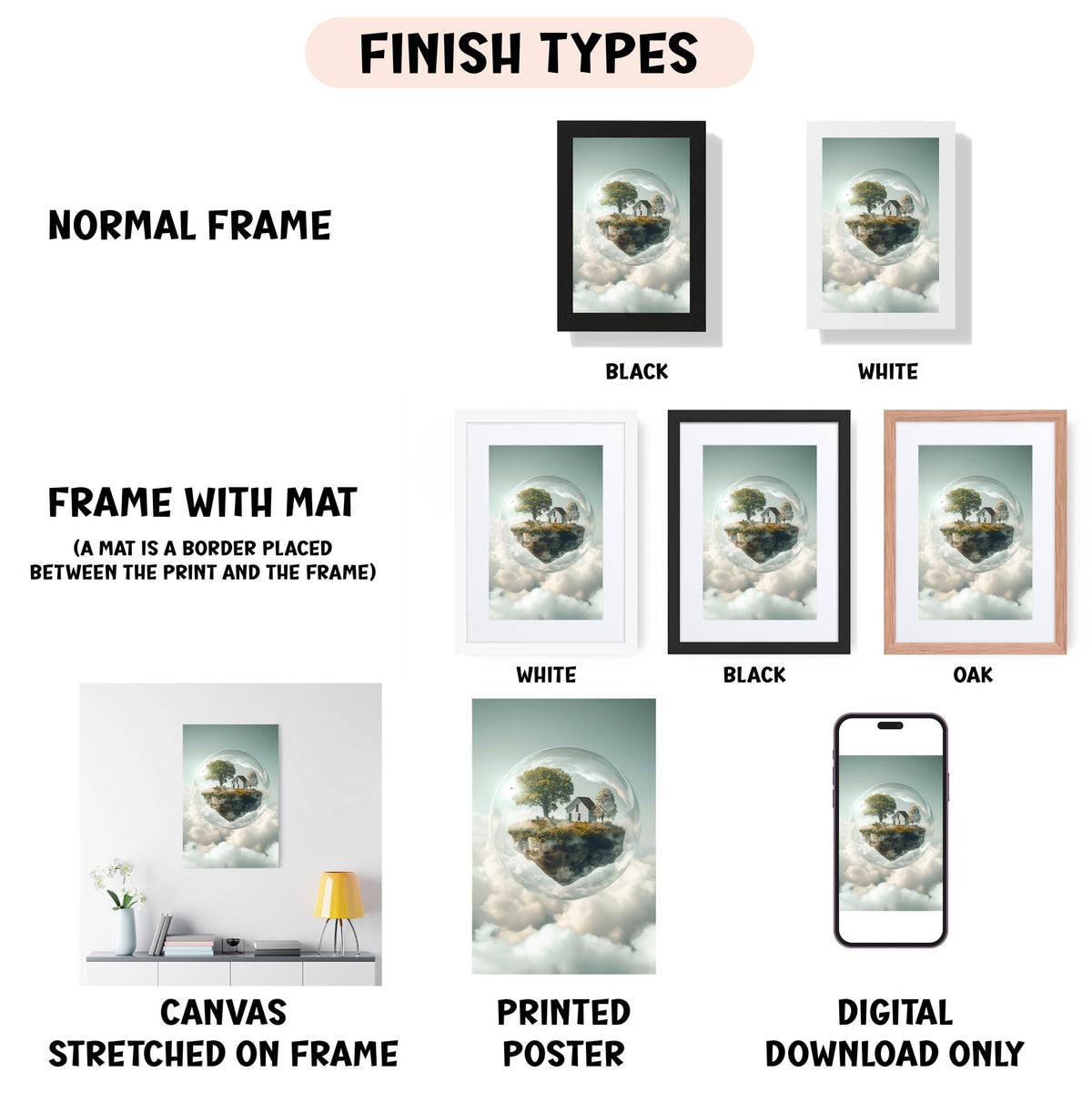 various framed artworks, including a normal frame, a black frame, a white frame, a black frame, and an oak frame, all featuring a landscape with a floating island. The artworks are displayed in different frame styles, such as canvas stretched on a frame, printed poster, and digital download only.