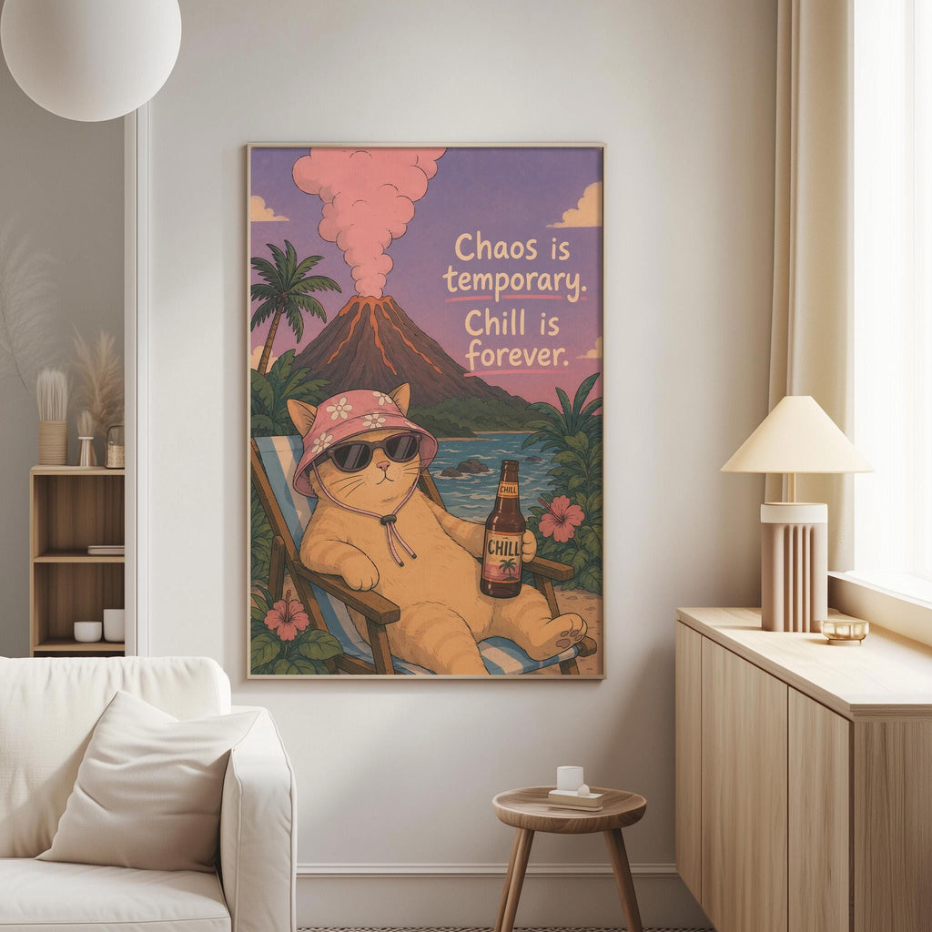 a poster of a cat wearing sunglasses and a hat, sitting in a chair with a bottle of beer in its paws, and a tropical landscape in the background.