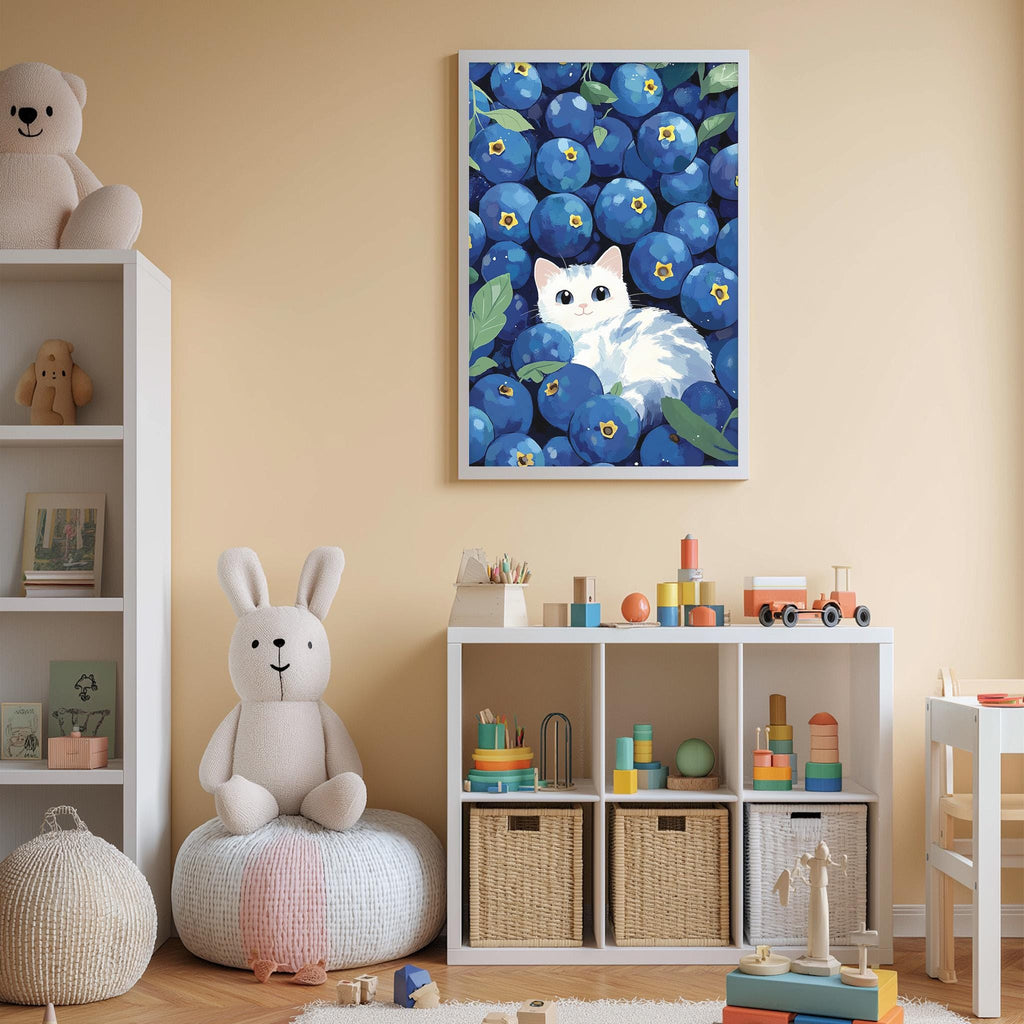 A cozy children's room with a white rabbit sitting on a bean bag chair, surrounded by a variety of toys and stuffed animals. A framed picture of a cat is displayed on the wall above a white bookshelf filled with books and toys.