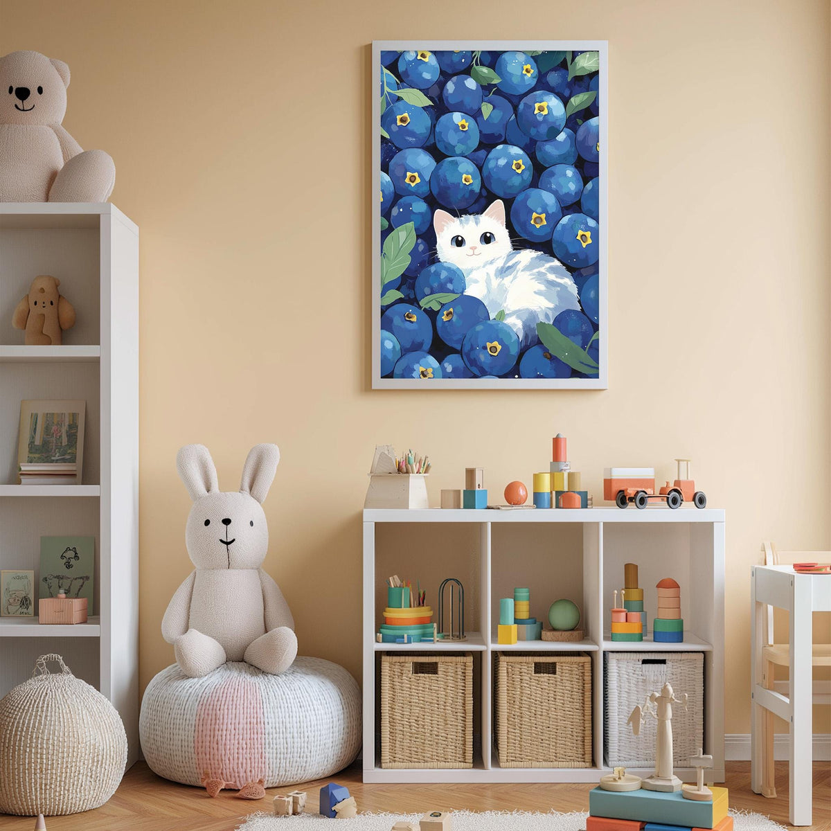 A cozy children's room with a white rabbit sitting on a bean bag chair, surrounded by a variety of toys and stuffed animals. A framed picture of a cat is displayed on the wall above a white bookshelf filled with books and toys.